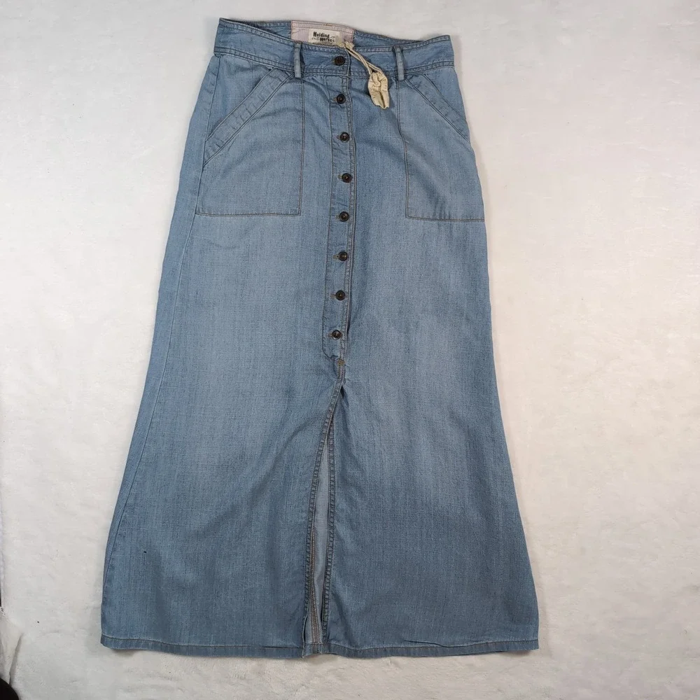 Holding Horses Denim Maxi Skirt Women 4 Slit Boho Western Grunge Y2K Jean A-Line - Picture 2 of 8